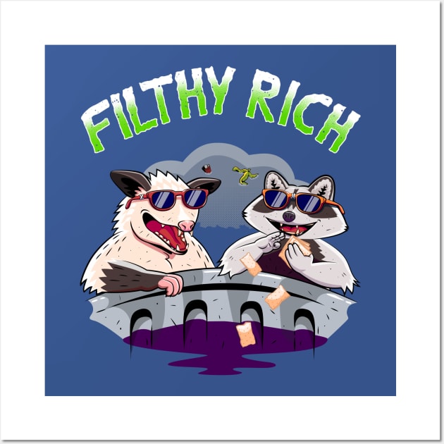 Funny Raccoon And Possum In Trash Garbage Filthy Rich Wall Art by CrocoWulfo